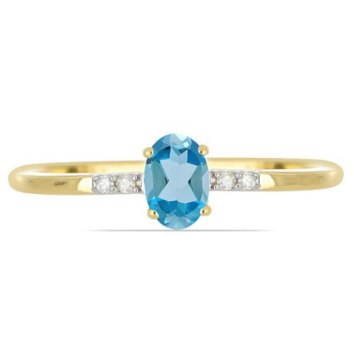 14K GOLD NATURAL LONDON BLUE TOPAZ GEMSTONE CLASSIC RING WITH WHITE DIAMOND